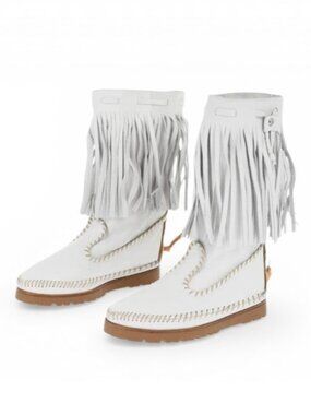 Dsquared2 White Calfskin Fringed Boots Lug Sole EU 37 US 7.5 NIB